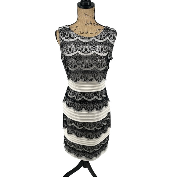 Sangria Petite Black Cream Sheath Knee Length Dress Lace‎ Tiered Flapper Gatsby - Picture 1 of 12